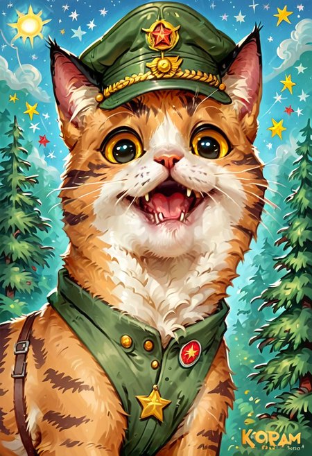score_9, score_8_up, score_7_up, score_6_up, score_5_up, score_4_up, BREAK (soviet postcard, logo, komrade kat, propaganda portrait of very happy comrade cat, forest background), gay tabby cat, green soviet peaked cap, star shape, hammer and sickle, sun, blue sky, muted colors, Jed-Cosmos