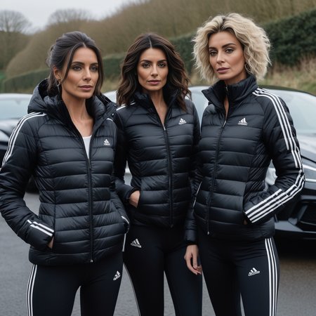 (dark cinematic still, dark vibes) sexy slim skinny group of british 40 year old women ,unique, wearing a unzippedblack adidas_puffer_jacket, unique hair styles, 8k uhd, dslr, high quality, photorealistic, realism, hyperrealism,  ((car scene)),
<lora:adidas_puffer_jacket_v1:0.3>
