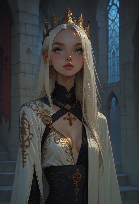FFAnime Style, Score_9, Score_8, Score_7, 1girl,young princess, white hair, light blue eyes, portrait, ceremonial robe, white outfit with gold designs, castle interior  ,cleavage,expose one breast