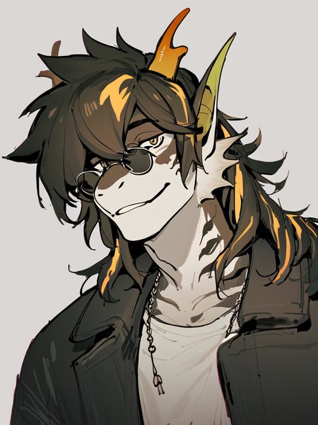 anime artwork score_9, score_8_up, score_7_up, lee (arknights),<lora:Mr._Lee_Arknights-000008:1> lee (arknights), leearknights, two-toned hair, black and yellow hair, fish man, head fins, pointy ears,  glasses, furry, furry male, (eastern dragon:0.2),