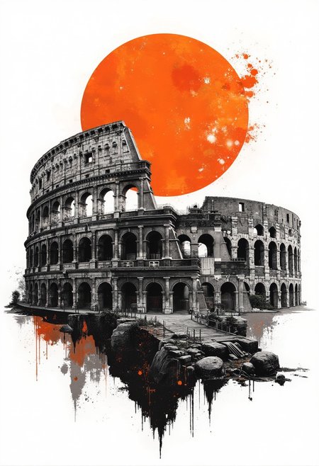 A graphic illustration, black and white, of a mountain landscape and the colosseum with a brilliant orange sunset. d1eselc0re  gl1tchc0re