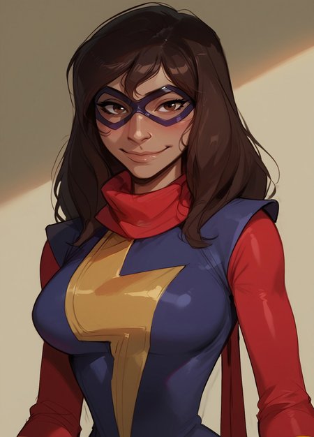 safe_pos, (score_9, score_8_up, score_7_up, score_6_up), Expressiveh, ((sketch, pastel, flat color)), masterpiece,

BREAK ((1girl, kamala khan, kamalakhan, brown hair, brown eyes, dark skin, long hair, dark-skinned female, large breasts, slender, medium waist, wide hips)), 

smile, closed mouth, blush, looking at viewer, (mask, domino mask, scarf, superhero, bodysuit, dress), portrait, solo, upper body