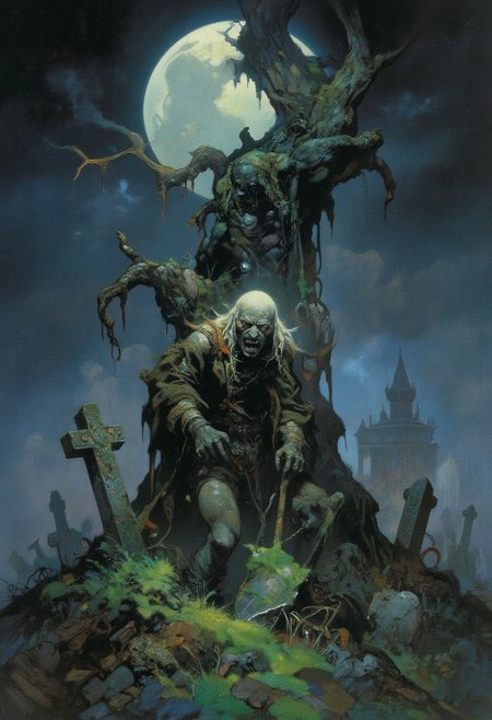 Comic book style 8k high quality digital painting , masterpiece, very detailed, ultra realistic, (best quality) very detailed epic masterpiece, a zombie-like very old man is standing on a churchyard in front of a freshly opened grave, insane facial expression, stringy muddy long hair, pale face, sunken cheeks, opened mouth, lank body, ragged outfit, ragged coat, a shovel in his hand, cemetary with an opened grave, old neglected headstones, high grass, gnarled tree in the background, foggy, full moon, dramatic sky, very dark night, scary scene, action, scary, best quality, epic scene,  Dungeons and dragons atmosphere, heroic fantasy, fna_style, Comic book style