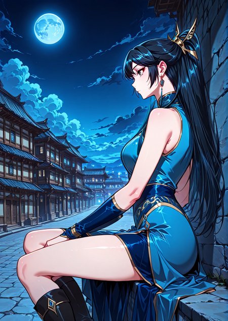 <lora:Wang_Zijin__I_am_the_Fated_Villain__Illustrious:1>
1 girl, solo, ponytail, long hair, bangs, black hair, blue eyes, <lora:DetailedEyes_V3:1>
chinese clothes, blue dress, black boots, jewelry, hair ornament, earrings, hair ornament, rare shoulders
score_9, score_8_up, score_7_up, score_6_up, source_anime, masterpiece, best quality, absurdres, highres, newest, anime coloring <break>  1girl, solo, sitting, on wall, from side, town, night sky, blue moon,  cloud  <lora:iLLMythG0thicL1nes:1>