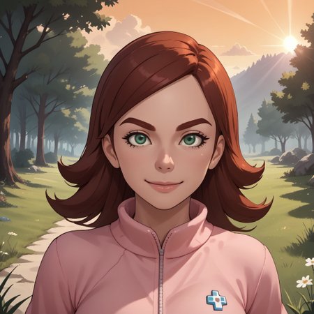 score_9, score_8, BREAK, solo, wii, mii, wii sports, 1girl, female mii, dark red hair, dark red eyebrows, green eyes, pink clothing, white pants, shoes, breasts, nintendo mii, modern_mii, classic_mii, Jen_(Wii_Sports), cute, sexy pose, self portrait, smile, outdoors, sunlight, shadows, evening lighting, natural lighting, forest, trees, grass, orange sky, sunset