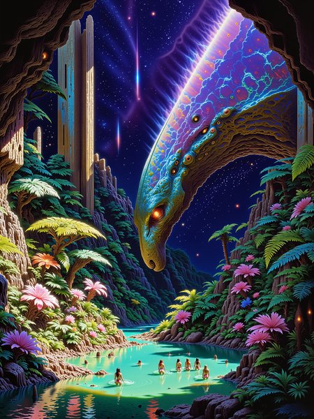 extremely detailed alcohol ink and watercolor painting on rough watercolor paper, vaporwave aesthetic, the composition follows the golden ratio, the focus is a beautiful, esoteric, gargantuan, primordial creature with a long neck, faintly crimson glowing eyes and overlapping iridescent shimmering blue-green scales in a lush, paradisiacal oasis, teeming with life, hidden within a barren badlands valley of an alien planet, under an awe-inspiring otherworldly night sky illuminated by a vibrant galactic nebula, the oasis sits at the valley's heart, its still waters reflect the cosmos above, vibrant foliage in deep greens, blues, and purples surrounds the water, contrasting against the rough, jagged stone of the valleyâs cliffs, the cliffs loom over the oasis, their rocky surfaces weathered and etched with time, casting deep shadows and adding a sense of isolation, at the center of the oasis, a towering primordial creature drinks from the spring, its ancient form dominating the wildness of the oasis, a rare sight, it stands as a guardian of this secluded paradise, adding an air of mystery and awe, the creature is gigantic, with a powerful yet graceful form, its iridescent scales reflecting subtle hints of the nebulaâs colors, its posture is calm, exuding a sense of ancient wisdom, with crimson glowing eyes hinting at awareness of its surroundings, slightly elevated, wide-angle shot, capturing both the oasis in full view and the surrounding badlands cliffs, emphasizing the oasis's lushness against the desolate valley, diffused, cosmic lighting from the nebula bathes the scene in a surreal glow, casting hues of violet, blue, and pink across the oasis, the light is soft and mystical, with subtle reflections and shimmers on the water, dappled illumination creates pockets of light and shadow on the creature's form and the lush foliage, contrasting with the deep shadows along the cliff walls, exaggerated color contrasts between the vibrant oasis and the dark valley stone, highly atmospheric, masterful composition, mystical, otherworldly, in the style of ck-ovf, <lora:epic_gorgeous_details-balance-flux-by_flyway:0.92> <lora:style-oneviolentfantasy-ep21-flux-by_chronoknight:1.0>