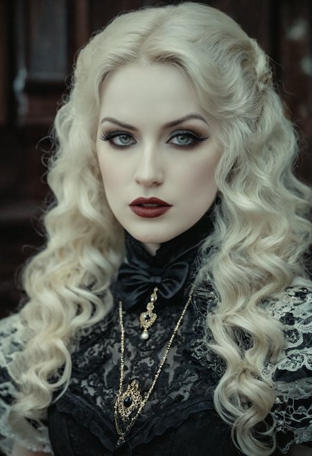 Dark art chdmchlwrd style, close up of a beautiful goth blonde, glamour shoot, (wearing intricate victorian dress), aged photo, macabre, sinister, extremely lifelike, realistic skin texture, raytracing, sharp focus, 8k, hdr, masterpiece, photography, dslr, kodachrome, 35mm photograph, analog film, professional, highly detailed