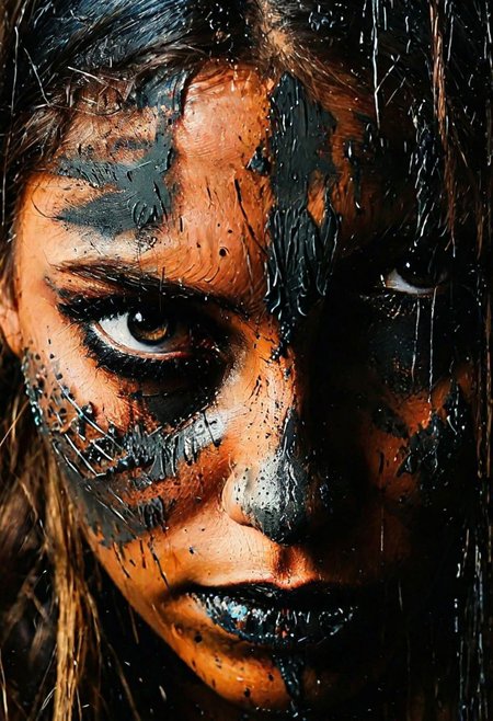 impactful paint of a viking woman, face closeup, mud on face, fierce look, highly detailed, 8k, sharp, professional, clear, high contrast, high saturated, , vivid deep blacks, crystal clear