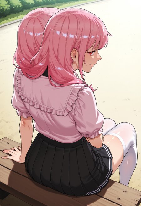 score_9, score_8_up, score_7_up, masterpiece, best quality, anime screencap, anime coloring, very aesthetic, incoth, (incase:0.6), (dynamic:1.1), 

outdoors, downtown,

(mature, adult:1),  university student, short pastel pink hair,  red eyes, natural proportions, (two heads:1.2), conjoined twins, elegantoff-the-shoulder blouse and plaid pleated miniskirt, white thigh high socks with black laces, smiling, dynamic skirt, girly wristbands, 

(over-the-shoulder perspective 肩越しの視点:1.0), sitting on bench, back view,