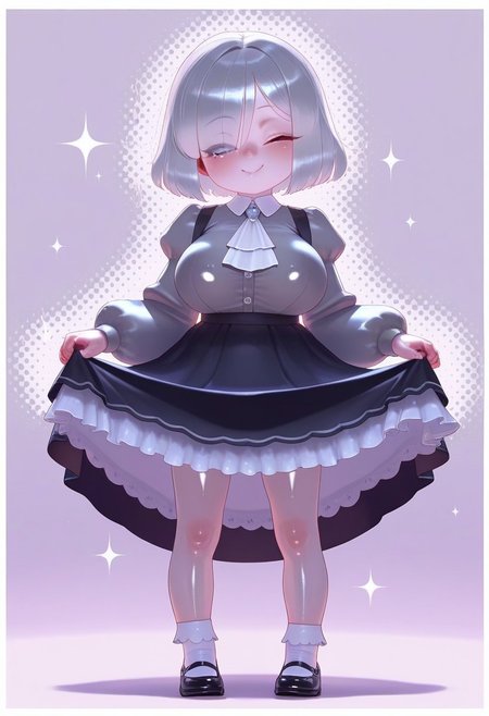 , , masterpiece, best quality, very aesthetic, absurdres, 
  shiny skin, thick black lineart, perfect face, 
1=2, , ,
1girl, full body, [aged down: grey-haired  in puffy-sleeved grey shirt], [white ascot tied neatly], [frilled skirt lifted slightly in curtsey], [eyes visible through short silver bangs], [one eye closed in playful wink], [standing on halftone-dotted background], [round white border with subtle sparkle accents],huge breast