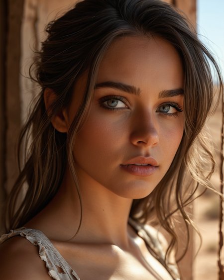 Upper body photo. 1Female. Beautiful Gorgeous Girl. Clean detailed face. Ripped torn clothes. Cleavage. Highly detailed beautiful expressive eyes. Broken down house. Desert. Barren. Washed out color. Photorealistic, Natural atmospheric lighting, intricate details, 35mm photograph, film, professional, 4k visuals, highly detailed, elegant, studio quality.