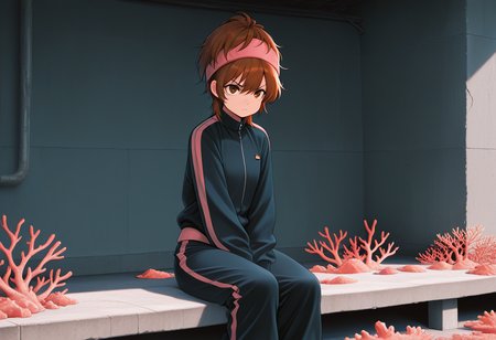 masterpiece, best_quality, amazing_quality, 1girl, solo,momokochar, short_hair, coral city, sitting, serious, track_jacket, track_pants,