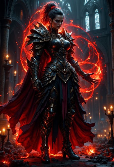 Grimdark digital portrait. Close-up full body. A heavily armored female warrior, chaos magic swirling around her, standing in a dark, ruined cathedral. Ultra high contrast. Fiery, hellish glow of chaos magic illuminates her dark, gritty armor. Gritty, smoldering embers of candles and broken stained glass behind. Vivid, fiery red and orange hues, contrasting with deep blues and blacks. Epic composition, ultra HD resolution, Greg Staples and Dan Mumford style, particles and volumetric lighting effects, RTX ON, hi-tech dark sci-fi, gritty, dramatic, intense, cinematic, dystopian, chaotic, atmospheric.
