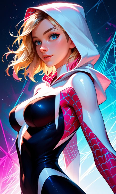 score_9, score_8_up, score_7_up,
 cartoon style, highly detailed, complex composition, Gwen Stacy with blonde hair and a hood, blue eyes, dynamic lighting, colorful and exaggerated background, vibrant colors, intricate textures, high-contrast lighting, whimsical and modern aesthetic, Spider-Gwen suit details