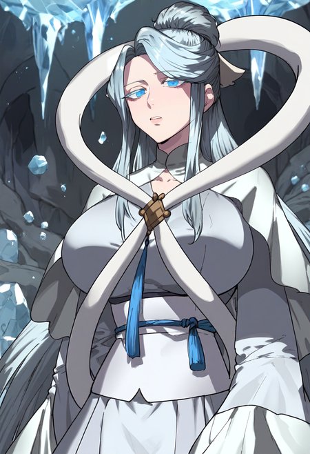 score_9, score_8_up, score_7_up, score_6_up, source_anime, rating_explicit, 1girl, (solo:1.1), huge breasts,<lora:Naeng-agbi prefectPonyxl:0.9> single hair bun, long hair, grey hair, blue eyes, light blue hair, colored eyelashes, hair ornament, sidelocks, parted bangs, white capelet, shawl, white shirt, white dress, grey dress, long sleeves, wide sleeves, sash, expressionless, serious, open mouth, cave, indoors, looking at viewer, (ice:1.1), magic, close-up