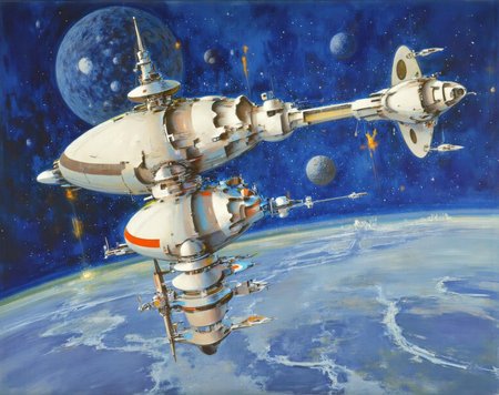 jober1 illustration.
A futuristic space scene. The artwork features a complex, modular space station with a cylindrical body and several spherical modules. The space station is white with a metallic sheen, adorned with red accents. It has a series of antennae, solar panels, and various protruding sections, suggesting advanced technology and functionality.
 <lora:jober1_cap_d6a3e12:1.0><lora:819156392272408575:0>