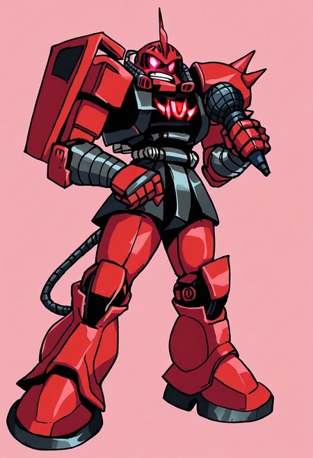 solo, holding microphone, standing, full body, source_cartoon, score_9, score_8_up, score_7_up, red garma_zaku, red monoeye, pink monoeye, crimson monoeye, no monoeye visible, metallic heathawk, shoulder decals, simple background