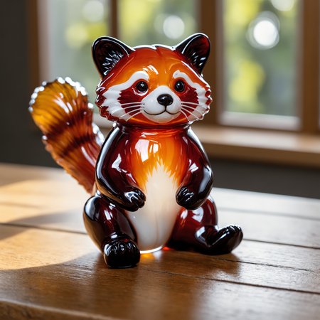 Closeup photo, of an glassblown figure of a  red panda, on an oak table, natural light, reflections
