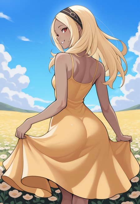 masterpiece, best quality, from behind, solo, 1girl, k4tdef, dark-skinned female, smile, looking back, skirt hold, long hair, blonde hair, black hairband, red eyes, yellow sundress, bare shoulders, outdoors, blue sky, cloud, flower field
<segment:yolo-Anzhc Face seg 640 v2 y8n.pt,0.4,0.5//cid=1>