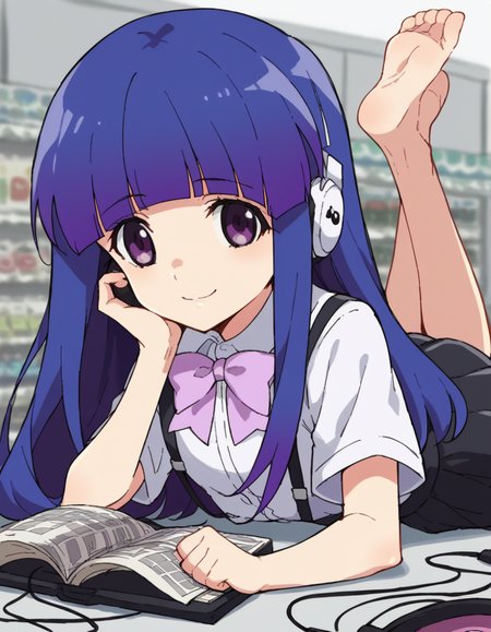 score_9, score_8_up, score_7_up, source_anime, <lora:rika-furude-s4-ponyxl-lora-nochekaiser:1>, rika furude, long hair, bangs, blue hair, purple eyes, blunt bangs, purple hair,, skirt, shirt, bow, school uniform, white shirt, short sleeves, pleated skirt, bowtie, black skirt, suspenders, pink bow, suspender skirt,, music store, browsing records, headphones, vinyl collection, nostalgic, smile, <lora:the-pose-ponyxl-lora-nochekaiser:1>, the pose, on stomach, feet up, lying, soles, feet, legs up, head rest, barefoot, looking at viewer, solo,, dutch angle, cowboy shot