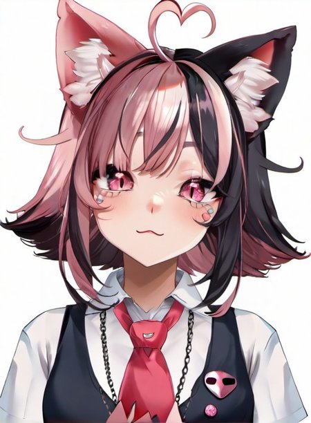 score_9, score_8_up, score_7_up, source_anime, <lora:a:0.8>, suwie, 1girl,  black hair, animal ears, upper body, pink hair, ahoge, heart ahoge, multicolored hair,   cat ears,  pink eyes,  two-tone hair, streaked hair, animal ear fluff, cat girl, heart ahoge, two-tone hair, medium hair, split-color hair, shirt, vest, necktie,  split-color hair,