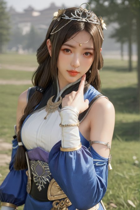 score_9, score_8_up, score_7_up, 1girl, solo, looking at viewer, half body shot, Crouching with one hand on the ground, <lora:Cai_Wenji_Dynasty_Warriors:0.8> long hair, brown hair, brown eyes, jewelry, hair ornament, tiara, dress, detached sleeves, pantyhose, outdoors, blurry, depth of field