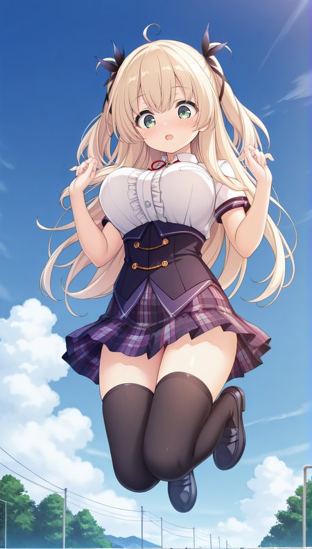 masterpiece, best quality, highres, scenery, newest, 1girl, official style, <lora:Mikuriya_Ren:1>, ren, blonde hair, green eyes, two side up, hair_ribbon, school uniform, white shirt, short sleeves, corset, plaid skirt, black thighhighs, black shoes, five fingers, outdoor, full body, jumping, blue sky background, clouds, hands up, bouncing breasts, blush, open mouth, looking down