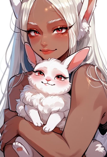 score_9, score_8_up, score_7_up, score_6_up, p3tl0v3, 1girl, rumi usagiyama, dark skinned female, hugging a white rabbit,Kakimaku
