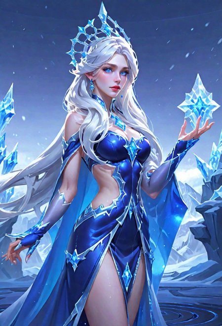 Hyper realistic portrait, Masterpiece, ultra Hd, trending on art station, cinematic lights, Aurora mobile legends( Long flowing white hair, blue eyes,  blue iced rhombus shaped ornaments cape, cropped side waist, iced ornaments, blue ice crown, blue iced high eels, ice castle as background, dynamic pose hand above,  chill, blue iced classy dress, detailed dress, detailed ice, detailed face, detailed eyes, detailed pupils, detailed fingers, detailed hair, detailed iced ornaments, OverallDetail, extremely detailed, Aurora mobile legends, SK_CINEMATIC, By bad artist