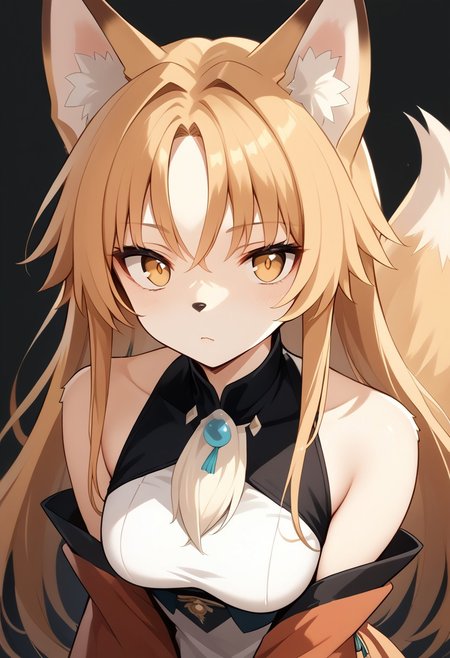 score_9, score_8_up, score_7_up, source_anime, beautiful detailed face, BREAK, 1girl, fox girl, with fox ears, with animal nose, with cheek fluff, body fur, face fur, two toned body fur, two toned face fur, fox, golden eyes, white forehead mark, 
Wuthering Waves nobody,
black background,
WUTHERING WAVES BACKGROUND,