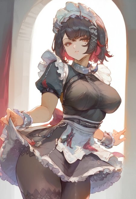 score_9, score_8_up, score_7_up, score_6_up, score_5_up,<lora:Styles\ExpressiveH:0.8> ExpressiveH, Cutesexyrobutts. 1girl. warm lighting, warm colours, 1girl,ellen_joe,maid_headdress,black_dress,wrist_cuffs,puffy_short_sleeves,mole_under_eye,large_breasts,frilled_dress,black_pantyhose,medium_breasts, ojou-sama_pose