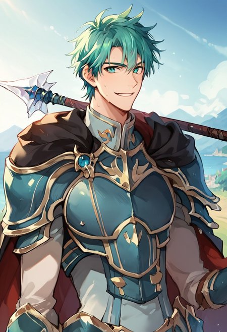 score_9, score_8_up, score_7_up, (best-quality: 1.5), male focus, high quality CG, ephraimFE, blue-green hair, blue-green eyes, 1boy, solo, male focus, portrait, looking at you, smile, anime, 2d, cel shading, high quality cg, handsome, perfect anatomy, perfect proportions, athletic build, outside, armor, spear, working out, training, sweat, cape