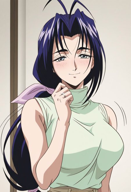 masterpiece, best quality, newest, highres, uncensored, 1girl, yokota mamoru style,1girl, slender face，motion lines,blush,looking at the viewers,torogao,seductive smile
Amou Miyuki OVA,Black Hair, Blue Hair, Curtained Hair, Parted in Middle, Ponytail, Waist Length Hair,Blue Eyes, Tareme Eyes,Big Breasts,
1girl,turtleneck, sleeveless, sleeveless turtleneck, sleeveless shirt, green shirt, indoors, looking at viewer, smile, closed mouth, upper body, close-up, hand up, kyubiwa, silver wedding ring, jewelry,