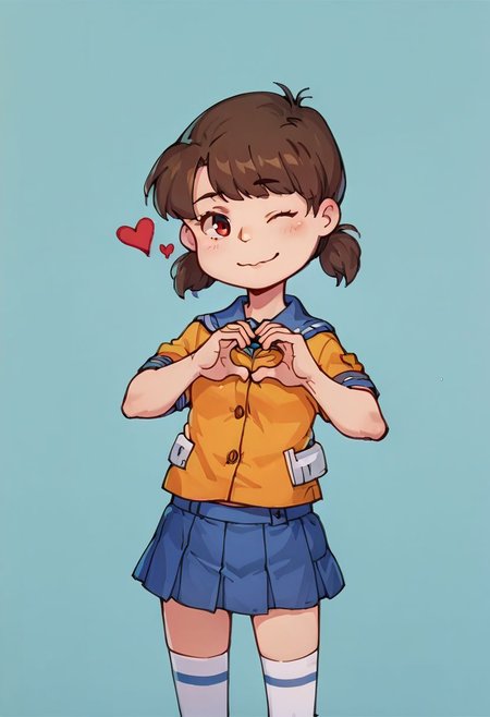 score_9, score_8_up, score_7_up, score_6_up, score_5_up,source_anime,
canberra,brown hair,low twintails,red eyes,
1girl,serafuku,thighhighs,pleated skirt,
,cowboy shot,heart hands,one eye closed, front camera,colorful simple background,PeanutsStyle, traditional media, retro artstyle, 2D, round heads