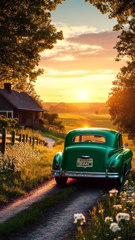 The image depicts a serene countryside scene typical of the 1940's at sunset. The sun is low on the horizon, casting a warm golden light over the landscape. The sky is painted with soft pastel hues, transitioning from light blue to warm orange and yellow tones. In the foreground, there is a narrow dirt road that winds through the lush greenery. The road is bordered by a rustic wooden fence on the left side, and it is lined with wildflowers and tall grass. The path leads towards a charming wooden house, which is partially obscured by blooming white flowers and dense foliage.
A vintage 1940's green car is parked on the right side of the road, facing away from the viewer. The car has a classic design, with split rear window, rounded edges,  chrome detailing and large chrome rear bumper. The license plate on the car reads (("BUZZME")). The scene is framed by tall trees on either side, their leaves casting dappled shadows on the ground. The overall atmosphere is peaceful and idyllic, evoking a sense of nostalgia and tranquility. 
