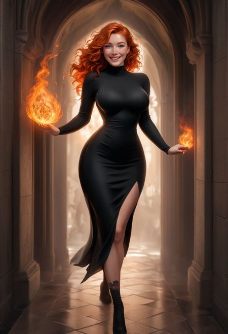 In Dungeons and Dragons style, full view of the body, black inked dragon tattoo on leg, beautiful ginger haired, wavy hair, raw photo, smiling, happy face, realistic body, more detail, freckle, busty, 30 yo, fantasy fire sorceress, standing in fantasy castel corridor, large breast, chest size 120 cm, hip size 100 cm, style-bridal, side slit, low cut dress, bright color