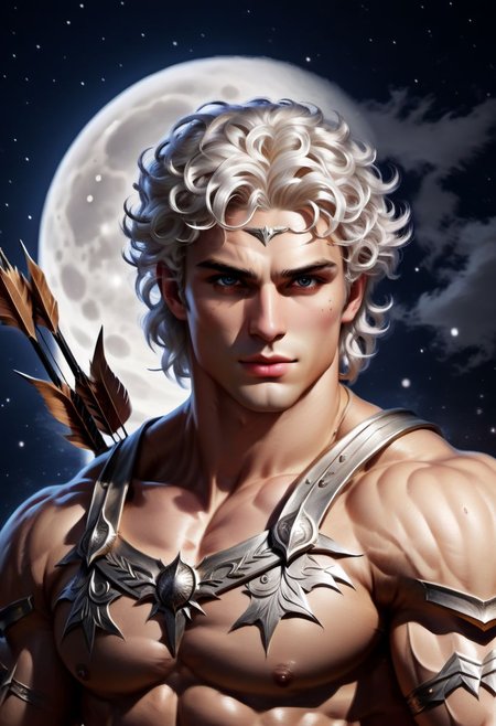 4k, digital art, semi realistic, fantasy, best quality, masterpiece, very detailed, wide camera angle,  dynamic camera angle, dynamic pose, close up, portrait of a male bodybuilder, 20 years old, pale skin, platinum hair, curly hair, short hair, moon on the forehead, very handsome, silver eyes, big eyes, anime eyes, defined eyes, defined eyebrows, greek god, greek warrior, wearing a silver tunic, with a bow and arrow, ancient greece, aiming an arrow, night sky on the background, big moon (cinematic light, volumetric), splash art,