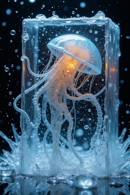A nightmarish alien jellyfish with tentacles ((transparent and glowing )) frozen mid-struggle in frozen ice cube. Its transparent glowing skin . The creature's skeletal body is twisted violently, with ethereal tendrils pushing against the ice prison. Translucent blue-white ice reveals the alien's textured exoskeleton and bioluminescent organs. Crystalline ice formations spiral outward from the struggling figure. Professional photography with rim lighting emphasizes the three-dimensional depth within the ice block.