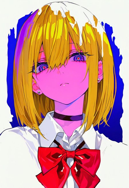 masterpiece,best quality,absurdres, amazing quality, hi res, masterpiece, best quality, detailed, amazing quality, detailed face, detailed eyes, clean eyes, best quality, highres, very aesthetic, newest, ultra-detailed, illustration, (best quality:1.1),ultra-detailed, high resolution, super detailed skin, beautiful detailed eyes, nsfw, Brightly Lit, Highly Visible, 8k, sharp focus, beautiful, perfect lighting, beautiful eyes, anatomically correct, anatomically correct face, extremely detailed eyes, smooth edges, beautiful face, symmetrical eyes, symmetrical face, BREAK 748cmstyle, newest, (colorful:0.5), (lineart:0.8), (silhouette:0.4), StainedArt_IL, sketch, paint splatter, Spill Art, coffee spill art, dissolving, stainedart_il, 1girl, solo, jewelry, earrings, choker, brown hair, hair between eyes, looking at viewer, shirt, bow, black choker, red bow, collared shirt, white shirt, purple eyes, bowtie, bangs, red bowtie, medium hair, short hair, closed mouth