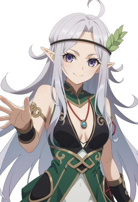 score_9_up,score_8_up,score_7_up,
solo,<lora:Kris ARGENT_v1.0_pony-000038:1>,
(LTGSR)_Kris,pointy ears,long hair,ahoge,purple eyes,
looking at viewer,breasts,
puffy shorts,black midriff,black bracers,
upper_body,green dress,white_background,simple_background,waving,smile