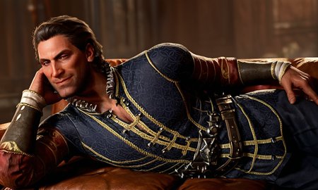 score_9, score_8_up, score_7_up, BREAK 1boy, solo, photorealistic, realistic, photo, film grain, male focus, short hair, black hair, brown eyes, mature male, v-neck, chest hair, frills, belt, formal, BREAK lying, from side,  fantasy, sofa, smirk, raphael \(bg3\), <lora:bg3_raphael-000009:0.9>