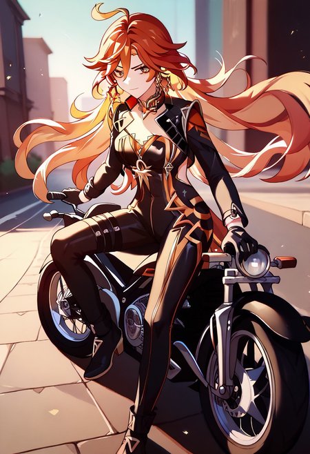 score_9_up, score_8_up, score_7_up, extreamly detailed, beautiful detailed face, complex detailed background, 1girl, BREAK,  MAVUIKA (GENSHIN IMPACT), Motorcycle suit, Motorcycle