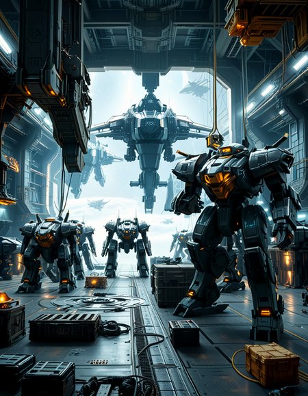 A massive, futuristic spaceship hangar filled with towering battle mechs undergoing maintenance. The hangar is dimly lit, with industrial lighting casting a cold, bluish glow over the metallic surfaces. The high ceiling is lined with steel support beams, catwalks, and suspended cranes used for repairing the massive war machines. The walls are adorned with warning signs, control panels, and illuminated holographic displays providing diagnostic data on the mechs. In the foreground, a colossal mech stands on a heavy-duty platform, its armored plating showing signs of battle damage, with exposed mechanical parts being worked on by robotic arms. The ground is marked with yellow hazard lines and scattered with tools, power cables, and spare parts. Steam rises from various vents, adding to the gritty, industrial feel. In the background, more mechs are stationed in docking bays, with their weapons and mechanical limbs being adjusted by automated repair systems. A large open bay door at the far end reveals the vastness of space, with distant stars and a massive planet visible beyond the hangar. The scene is detailed, immersive, and full of high-tech military sci-fi energy.
<lora:SDXLFaeTastic2400:0.4> <lora:extremely_detailed:0.4> extremely detailed,<lora:mechwarriors_spaceship_h4ng4r:1>,mechwarriors spaceship h4ng4r, Masterpiece,best quality,hi res,8k,hi res,8k,award winning,(sharp focus, intricate, highly detailed),