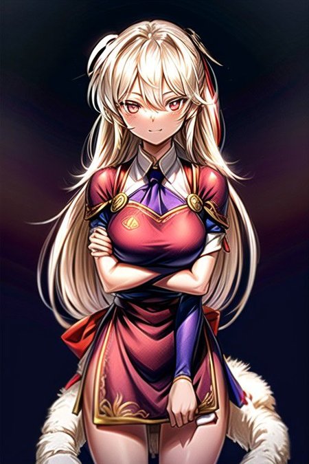 best quality 1girl Setsun4 solo long hair,  (night time) forest background black hair very long hair purple eyes multicolored hair armor, small, (fur trim) (medium body),<lora:EMS-179-EMS:0.800000>,<lora:EMS-293862-EMS:0.800000> bow, hair_bow, hair_tubes, red_bow, brown_hair, long_hair, bangs, ascot, frilled_bow, yellow_ascot, blush, smile, hair_between_eyes, athletic, armor, miko, ,(((intricate outfit,intricate clothes,embroidered outfit,ornate outfit,embroidered clothes,ornate clothes))), strengthmda, crossed arms,