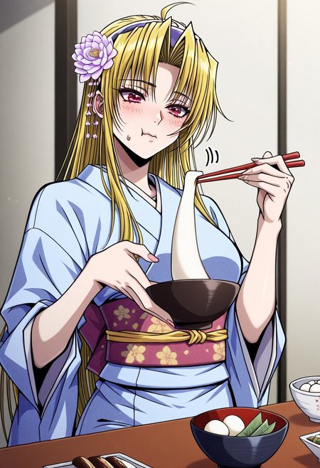 masterpiece, best quality, newest, highres, uncensored, 1girl, yokota mamoru style,motion lines,slender face,
Tifana Luxembur,Ahoge Hair, Blonde Hair, Curtained Hair, Parted in Middle, Sidehair, Straight Hair, Waist Length Hair,Red Eyes,Slim
kimono, food, chopsticks, mochi, sweatdrop, eating, flower, blush, bowl, new year, wagashi, hair flower, sash, obi