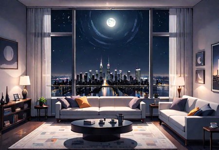 ((front view)), Shallow scene, (((animation style))), (night), modern-style interior, with white walls, (large windows), a  study, Sofa, coffee table, bookcase, single wall, ((dark room)), strong shadow, quiet and mysterious night sky, starry sky, moonlight, city night view, (City high-rise building scenery), (City scenery outside the window)