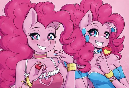 1girl, cleavage, jewelry, upper body, pink hair, earrings, choker, pink eyes, heart-shaped eyes, makeup, pink skin, glowing, anthro, Pinkie Pie, Wings, pink dress, My Little Pony, poseMega, 1girl, breasts, collar, bracelet, ponytail, long hair, smile, jewelry, teeth, nail polish, grin,  heart floating, heart-shaped pupils, aroused, heart eyes, pink background, HEART GIFT