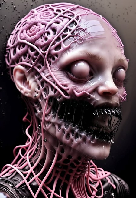 Blame! by Tsutomu Nihei see through surreal, STX_SH_HORROR, highly stylized alien, portrait, is flying through a void of black, expressionless face, bald silver plated cables everywhere, translucent glass head, gaping mouth, multiple rows of teeth, gears in background, black oil splatter, pink everywhere, symbiotic everywhere, insects everywhere titanium everywhere, electric everywhere, space hall, spaceship hallway, 