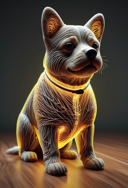 photo of a cute dog standing wearing a business suit made of tiny neon glass filaments,
