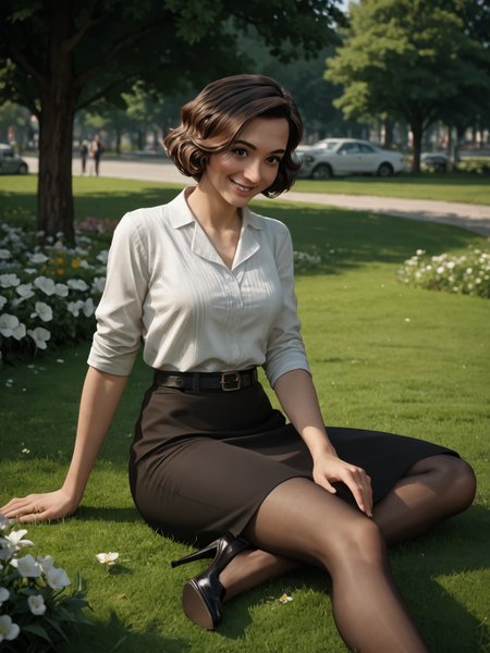 score_9, score_8_up, score_7_up,  score_6_up, BREAK, S4rahAngel0, 1girl, solo, short hair, brown hair, brown eyes, white shirt, pantyhose, belt, black skirt, pencil skirt, long skirt, high heels, in the park, sitting on the ground, smile, grass, flowers  <lora:Sarah_Angelo:1>